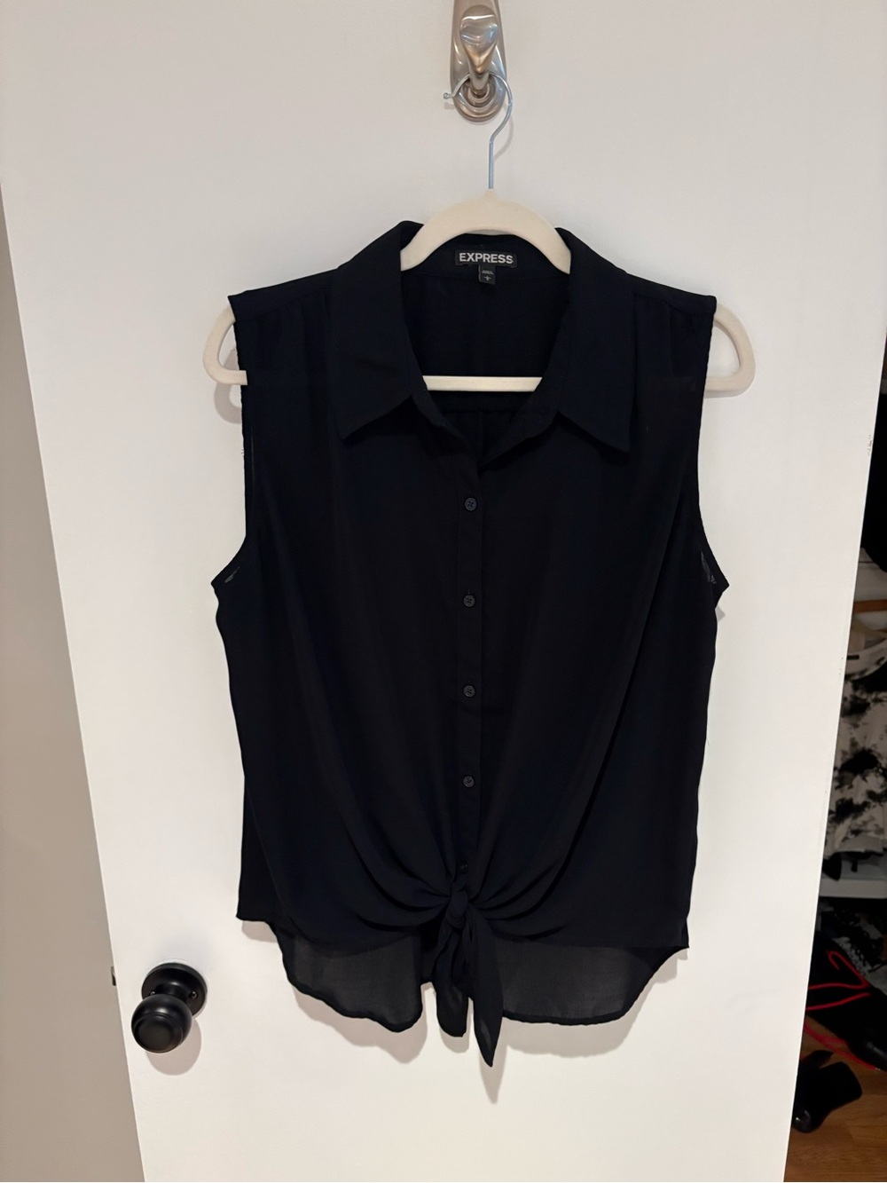 Express Black Sleeveless Tie-Front Button Blouse